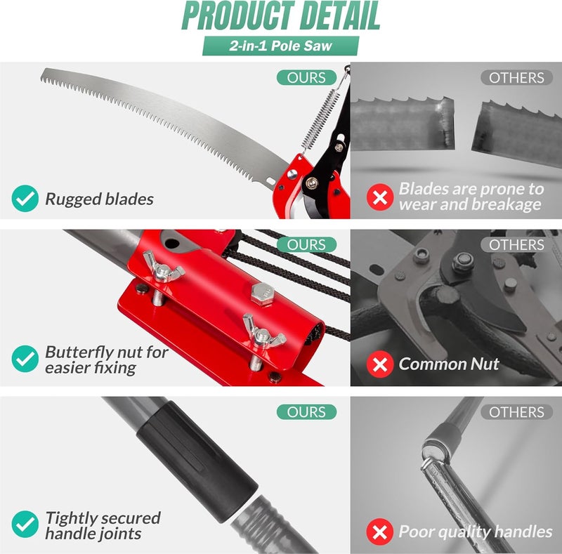Suchtale 10FT Pole Saw for Tree Trimming, Manual Tree Pruner with Steel Blade & Scissors, Long Handle Branch Cutter Pole, Extendable Limb Trimmer for High Branches, Yard Garden Pruning Saw - Image 5